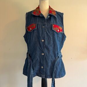 Dark Blue Denim Sleeveless Vest with Red Paisley Trim